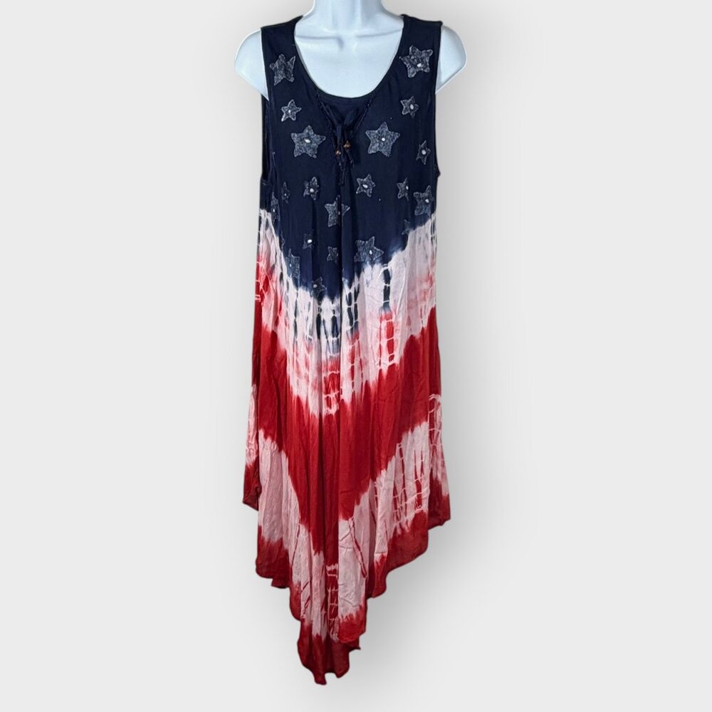 Seven Islands Patriotic Tie Dye Star Tank Dress One Size Asym Hem Boho July 4th